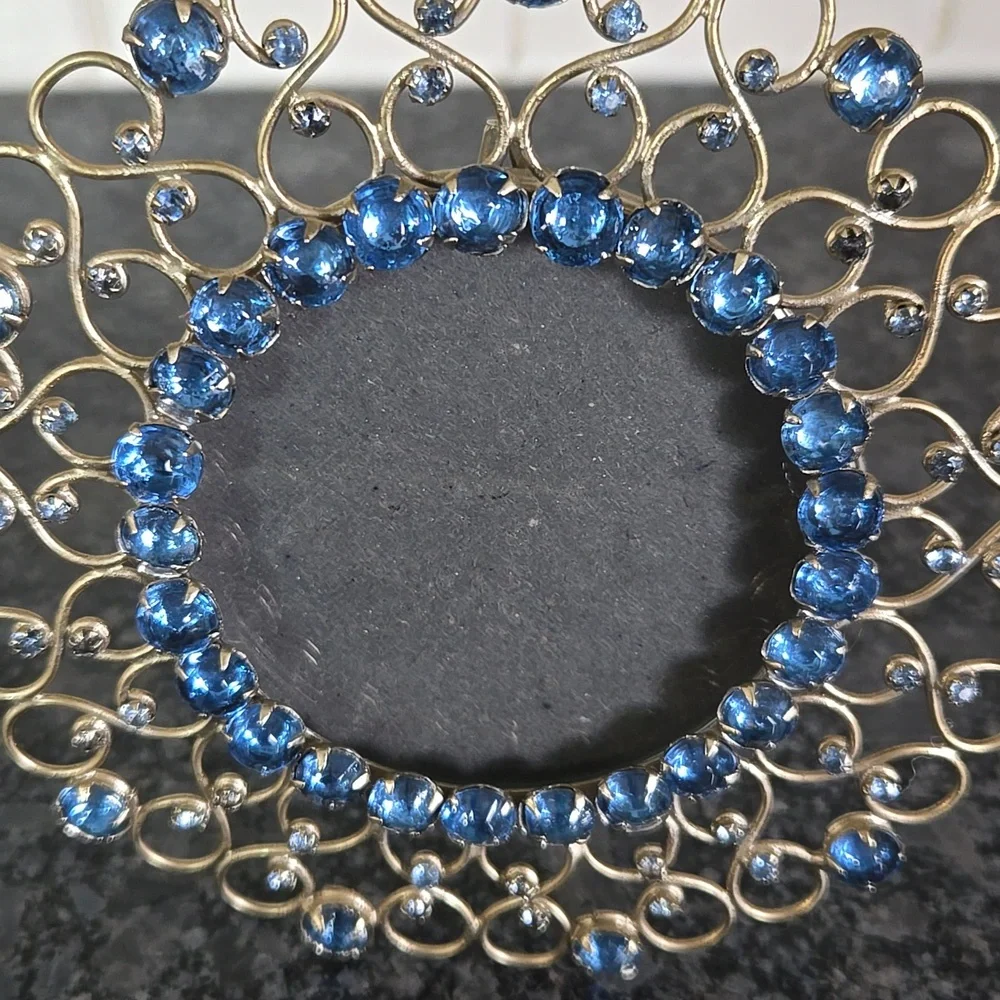 Gold Metal Round Frame Bedazzled with Blue Gem Stones
